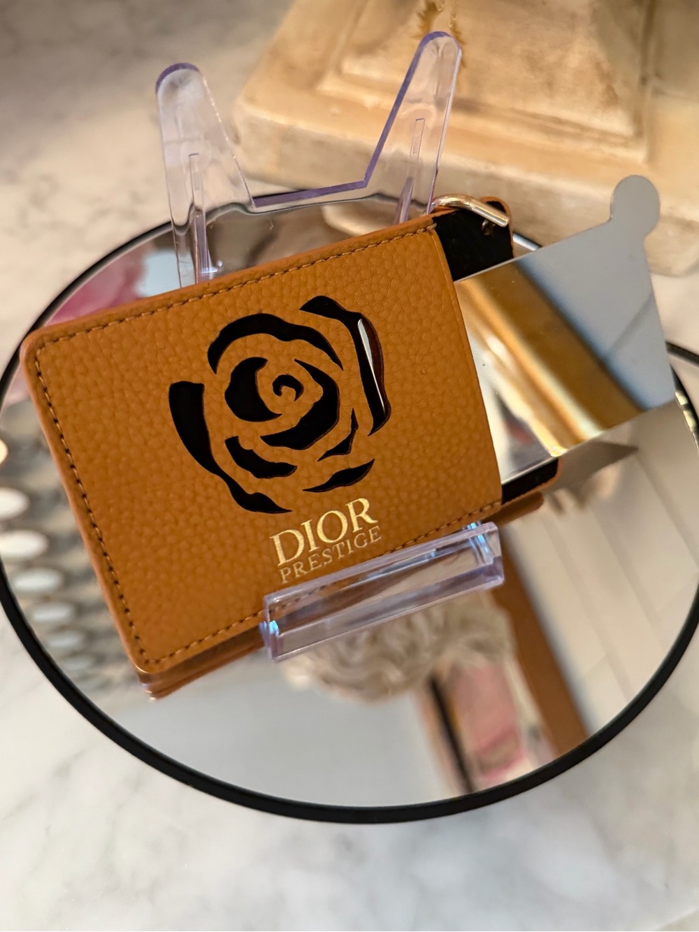 Dior Prestige Cognac Brown Card & Key Holder with Black Rose
